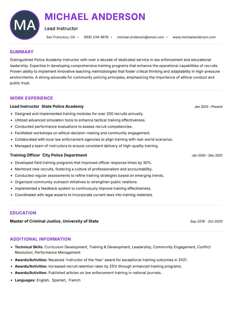 Police Academy Instructor resume example