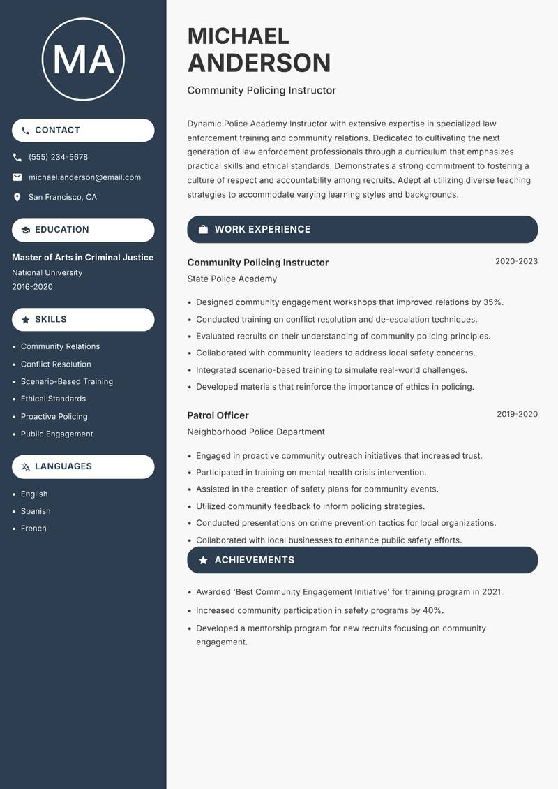 Police Academy Instructor resume sample — Community Policing Instructor focus