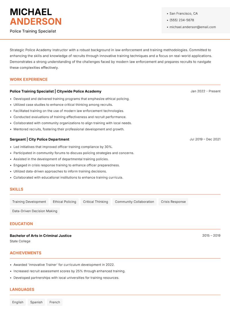 Police Academy Instructor resume sample — Police Training Specialist focus
