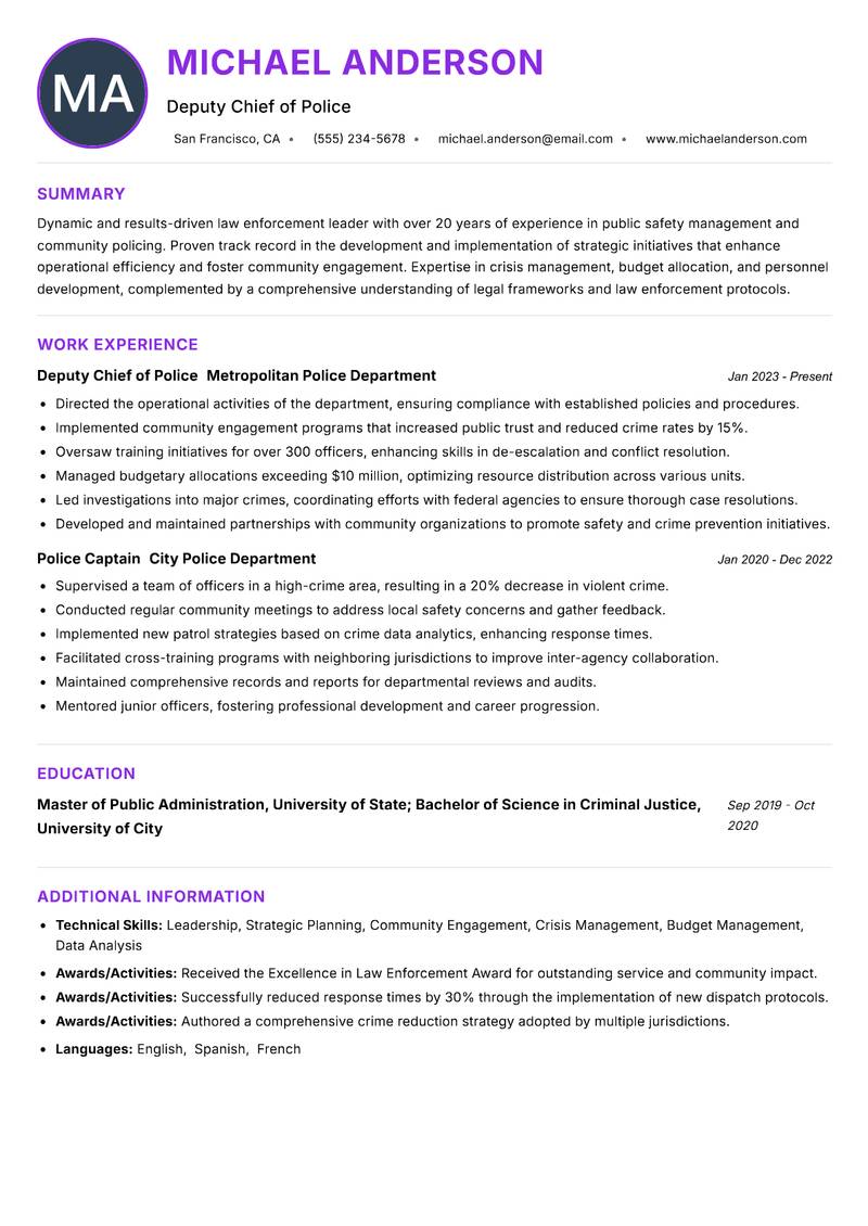 Police Commissioner resume example