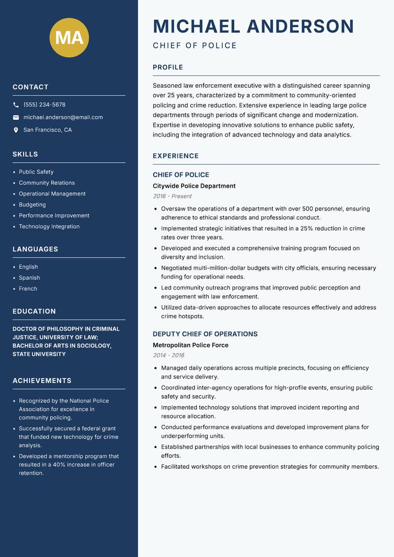Police Commissioner resume sample — Chief of Police focus