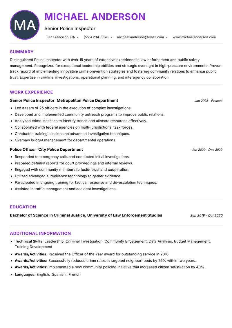 Police Inspector resume example