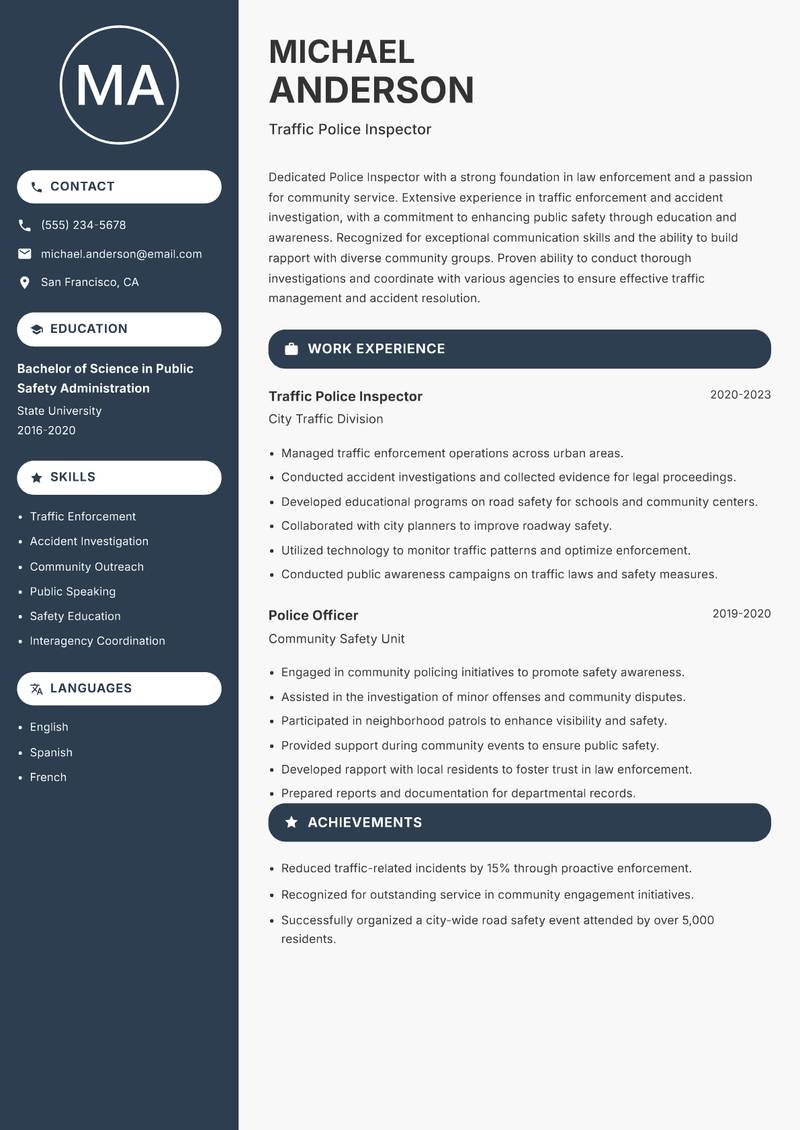 Police Inspector resume sample — Traffic Police Inspector focus