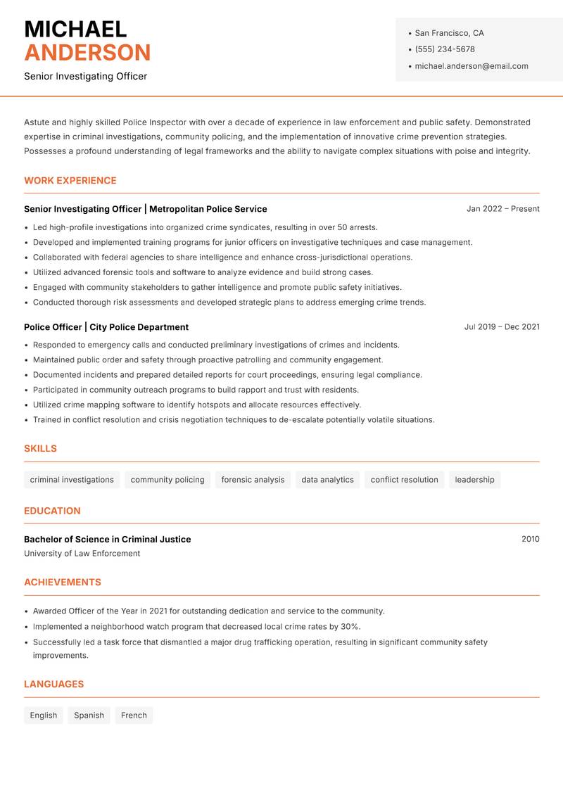 Police Inspector resume sample — Senior Investigating Officer focus