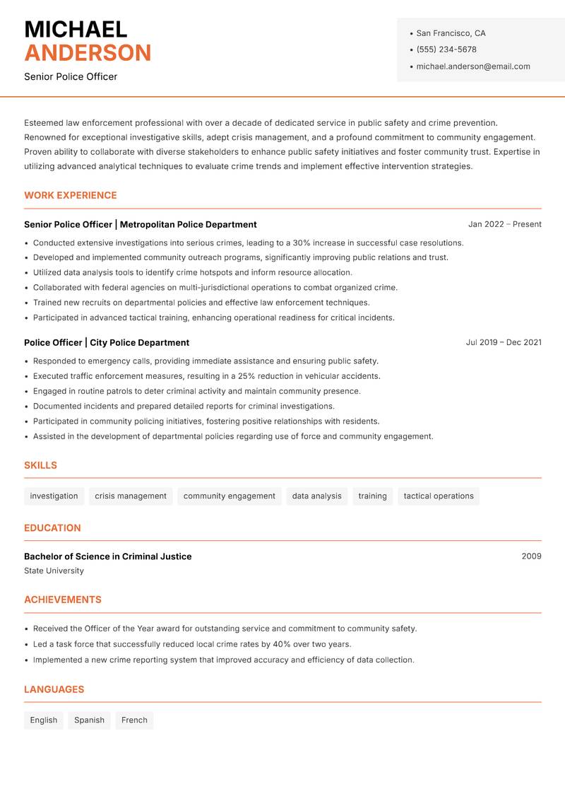 Police Officer resume sample — Senior Police Officer focus