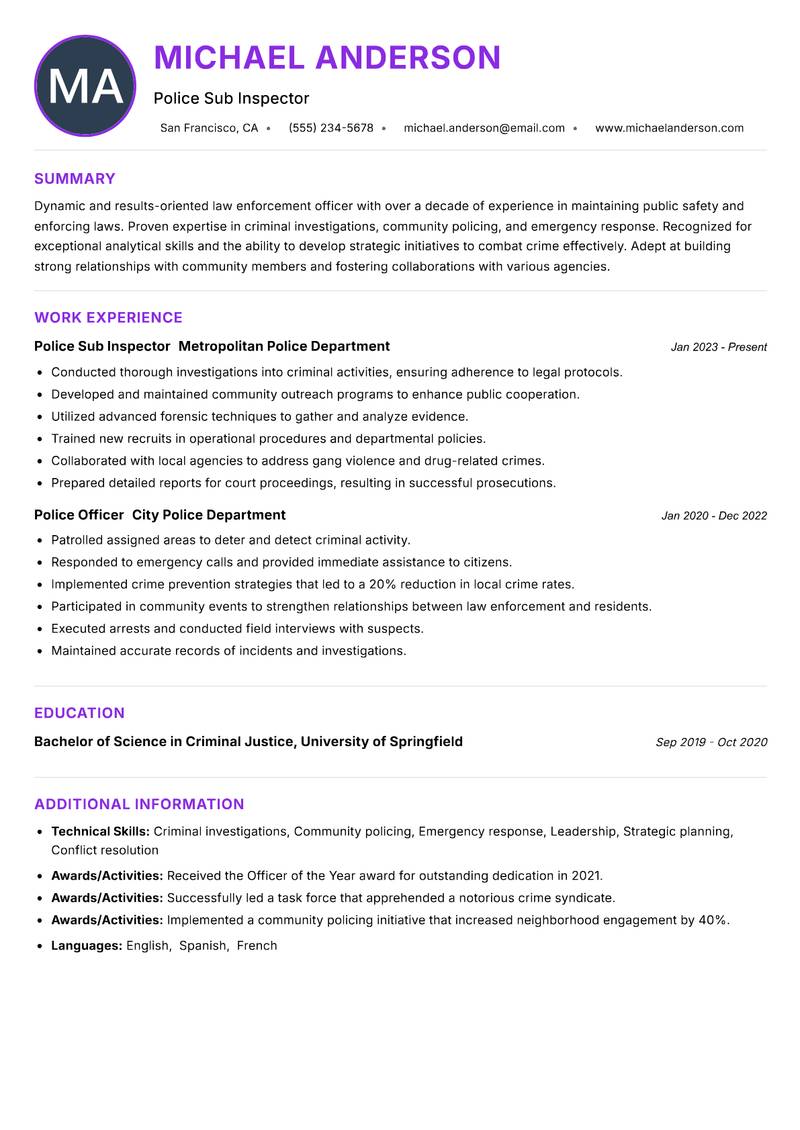 Police Sub Inspector resume example