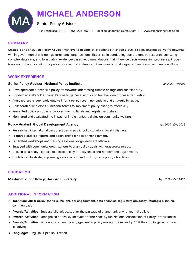 Policy Advisor resume example