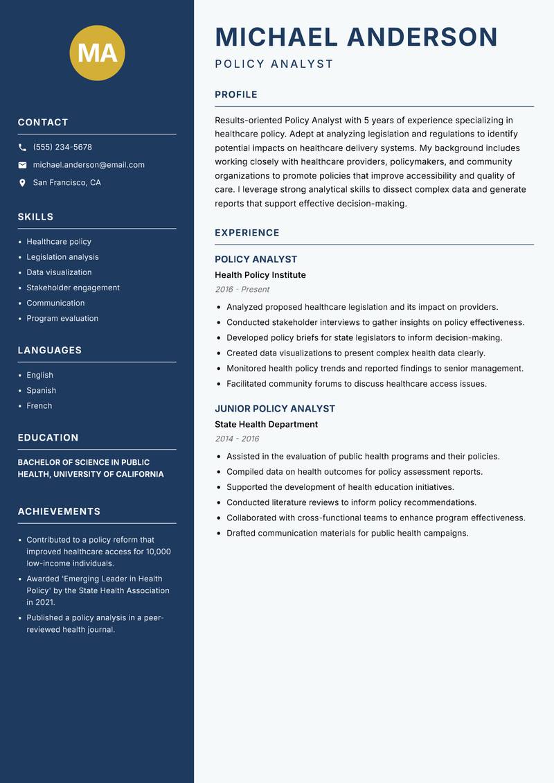 Policy Analyst resume sample — Policy Analyst focus