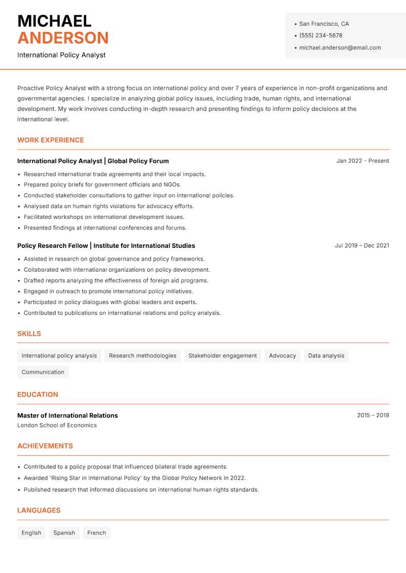 Policy Analyst resume sample — International Policy Analyst focus