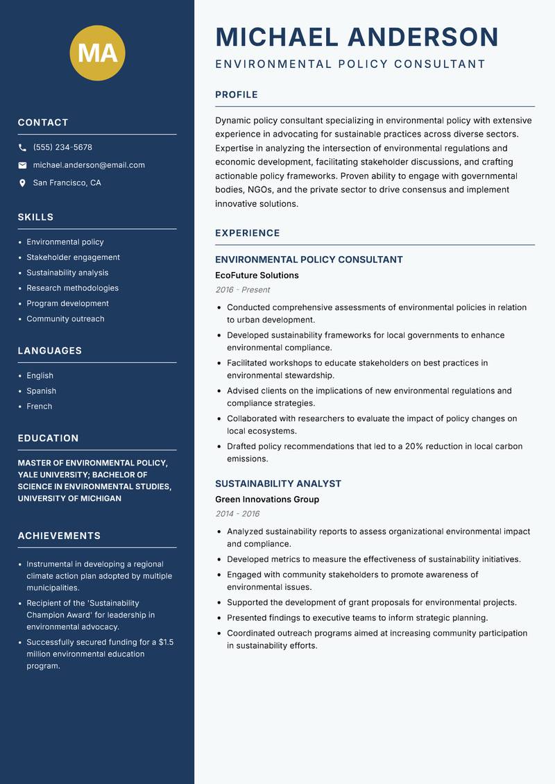 Policy Consultant resume sample — Environmental Policy Consultant focus
