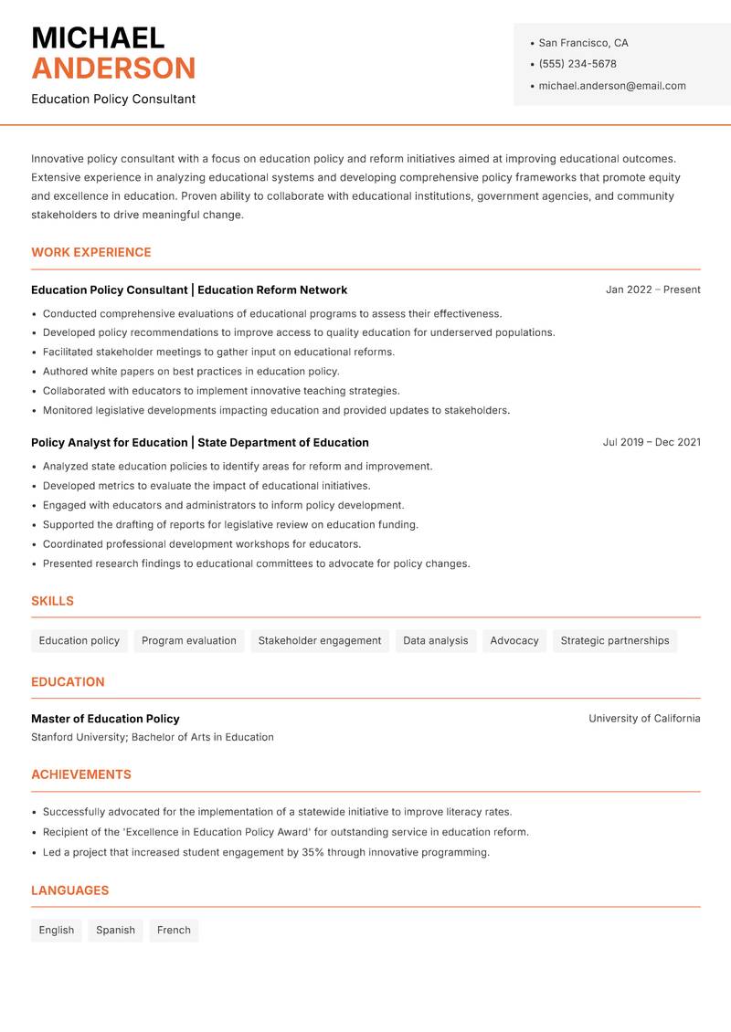 Policy Consultant resume sample — Education Policy Consultant focus