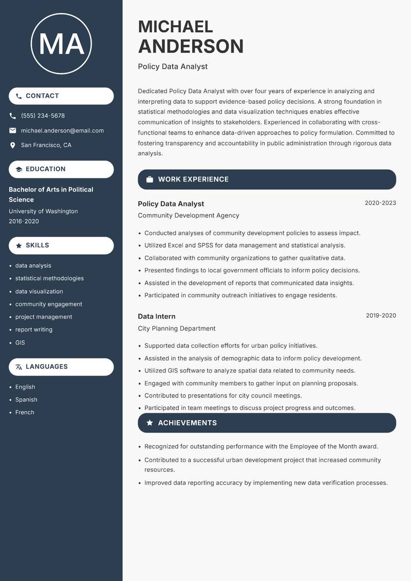 Policy Data Analyst resume sample — Policy Data Analyst focus