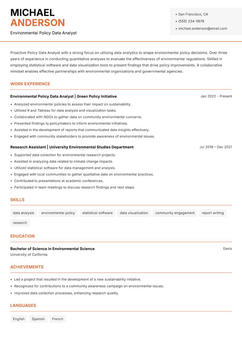 Policy Data Analyst resume sample — Environmental Policy Data Analyst focus