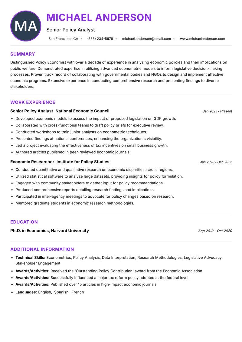 Policy Economist resume example