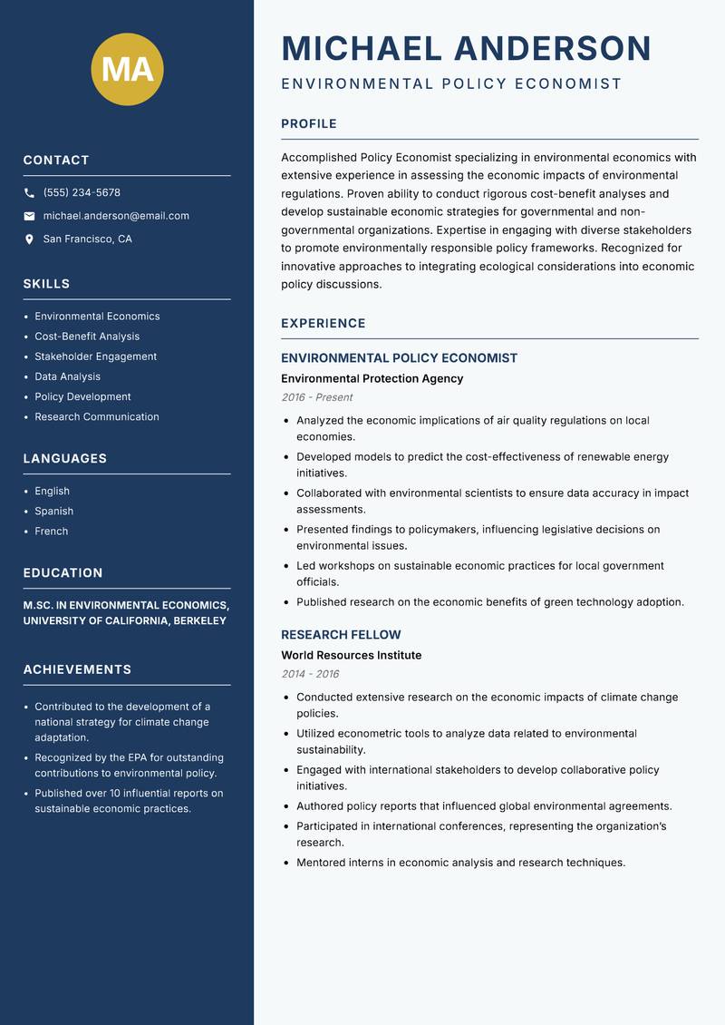 Policy Economist resume sample — Environmental Policy Economist focus