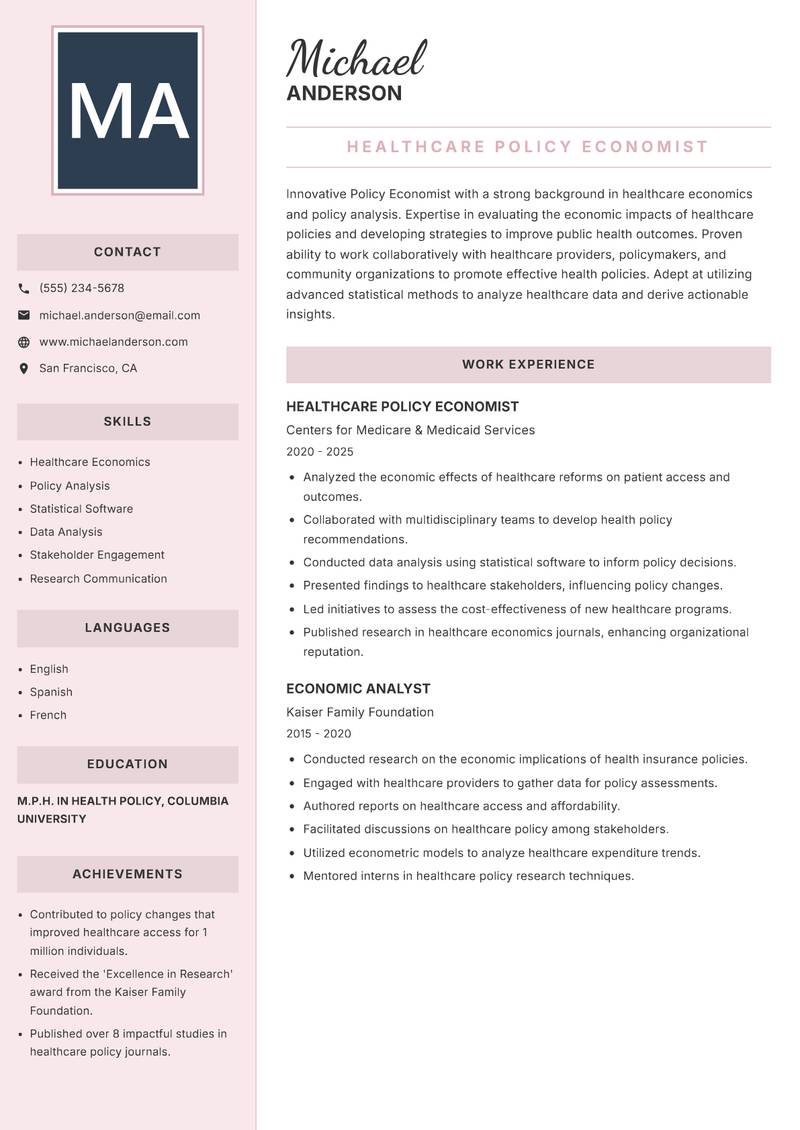 Policy Economist resume sample — Healthcare Policy Economist focus