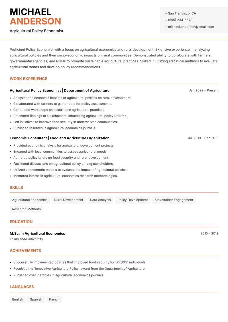 Policy Economist resume sample — Agricultural Policy Economist focus