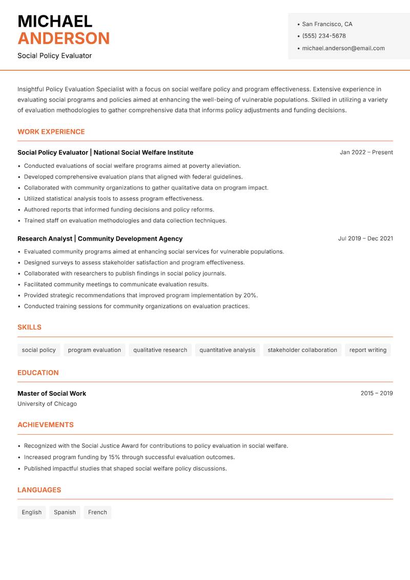 Policy Evaluation Specialist resume sample — Social Policy Evaluator focus