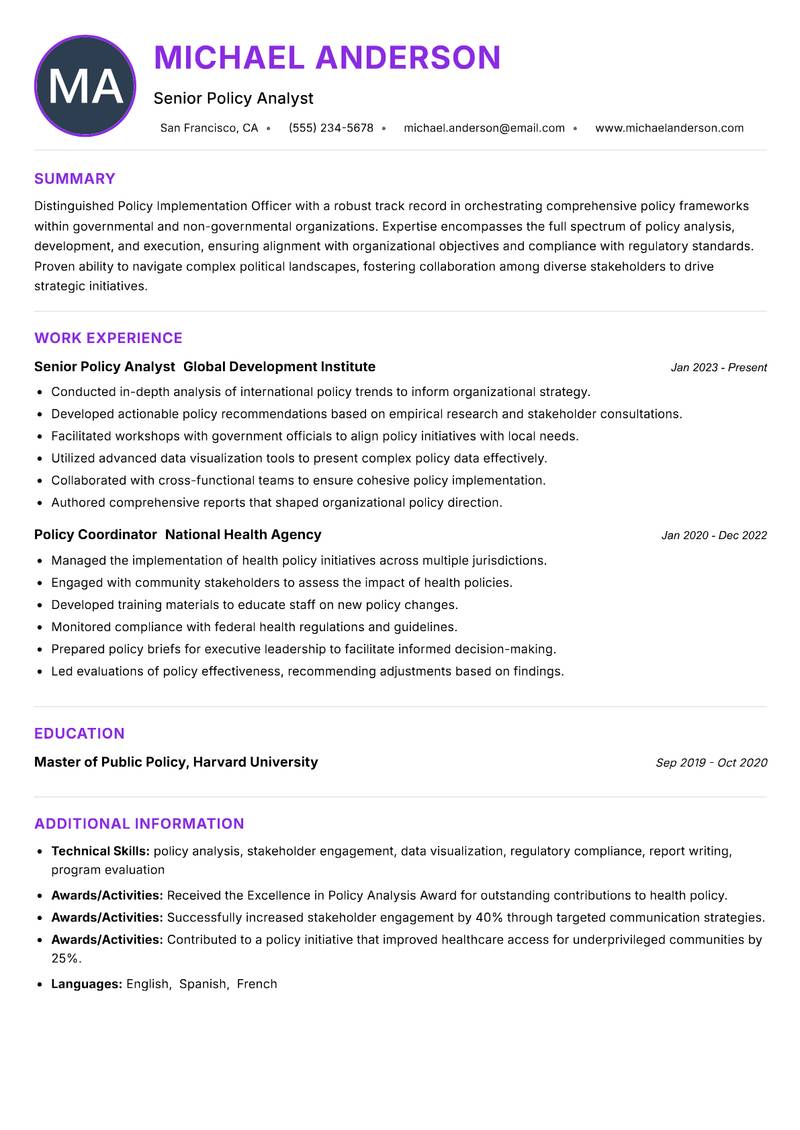 Policy Implementation Officer resume example