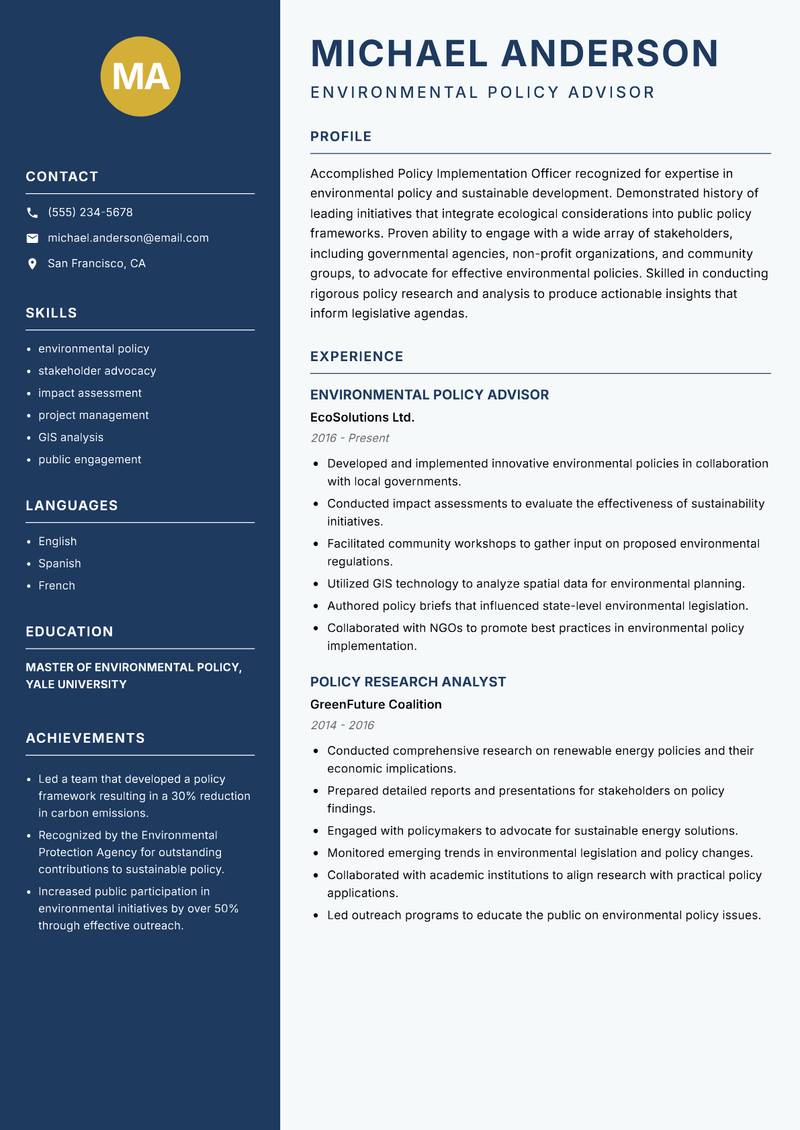 Policy Implementation Officer resume sample — Environmental Policy Advisor focus