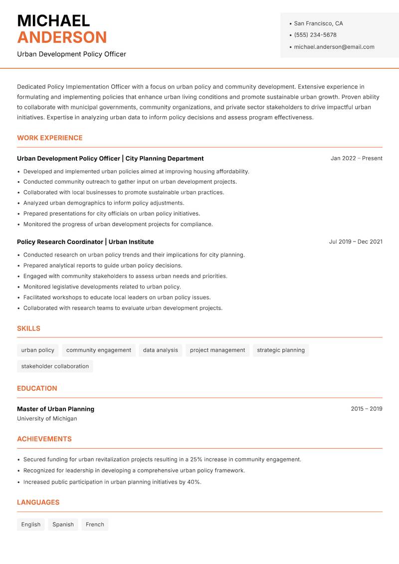 Policy Implementation Officer resume sample — Urban Development Policy Officer focus