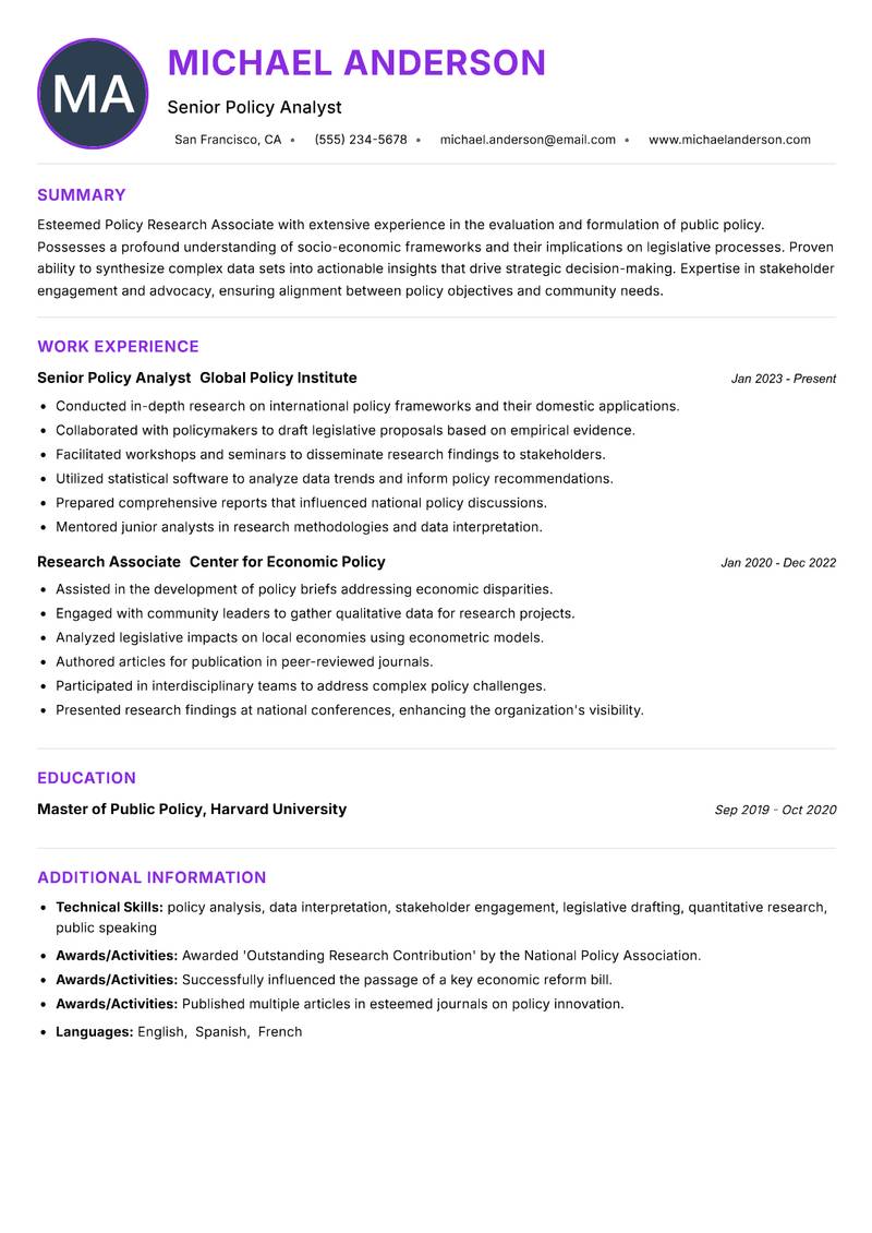 Policy Research Associate resume example