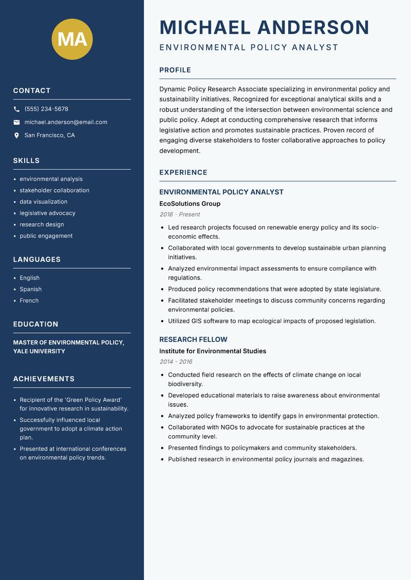 Policy Research Associate resume sample — Environmental Policy Analyst focus