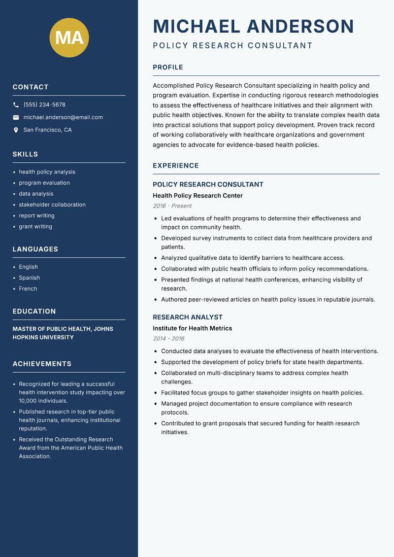 Policy Research Consultant resume sample — Policy Research Consultant focus