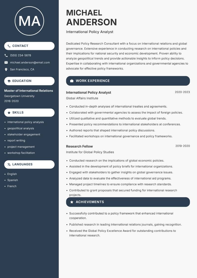 Policy Research Consultant resume sample — International Policy Analyst focus
