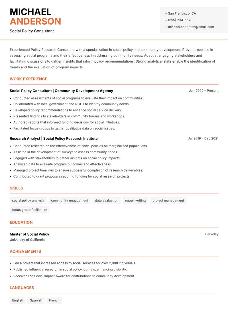 Policy Research Consultant resume sample — Social Policy Consultant focus