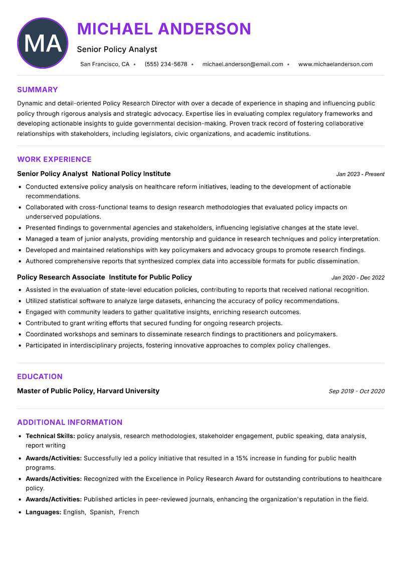 Policy Research Director resume example
