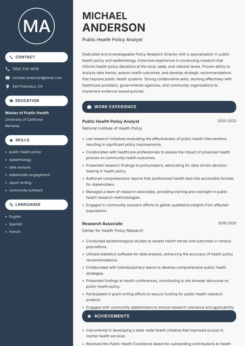 Policy Research Director resume sample — Public Health Policy Analyst focus