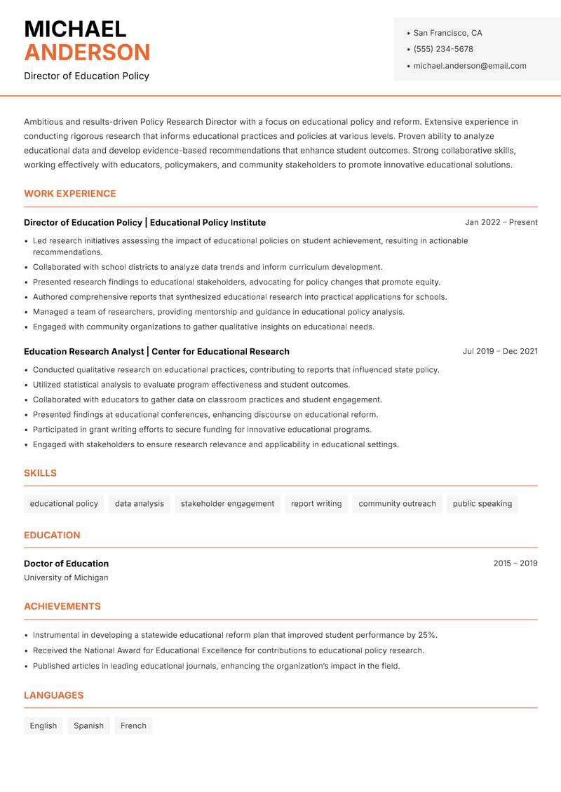 Policy Research Director resume sample — Director of Education Policy focus