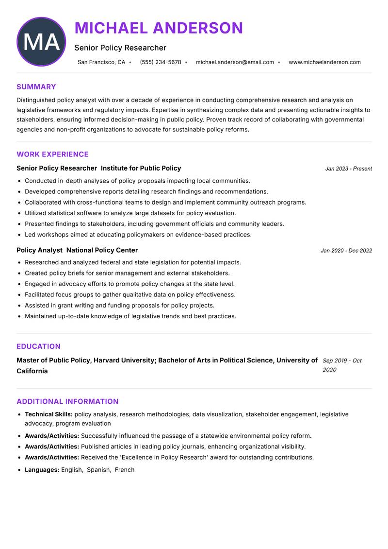 Policy Research Fellow resume example