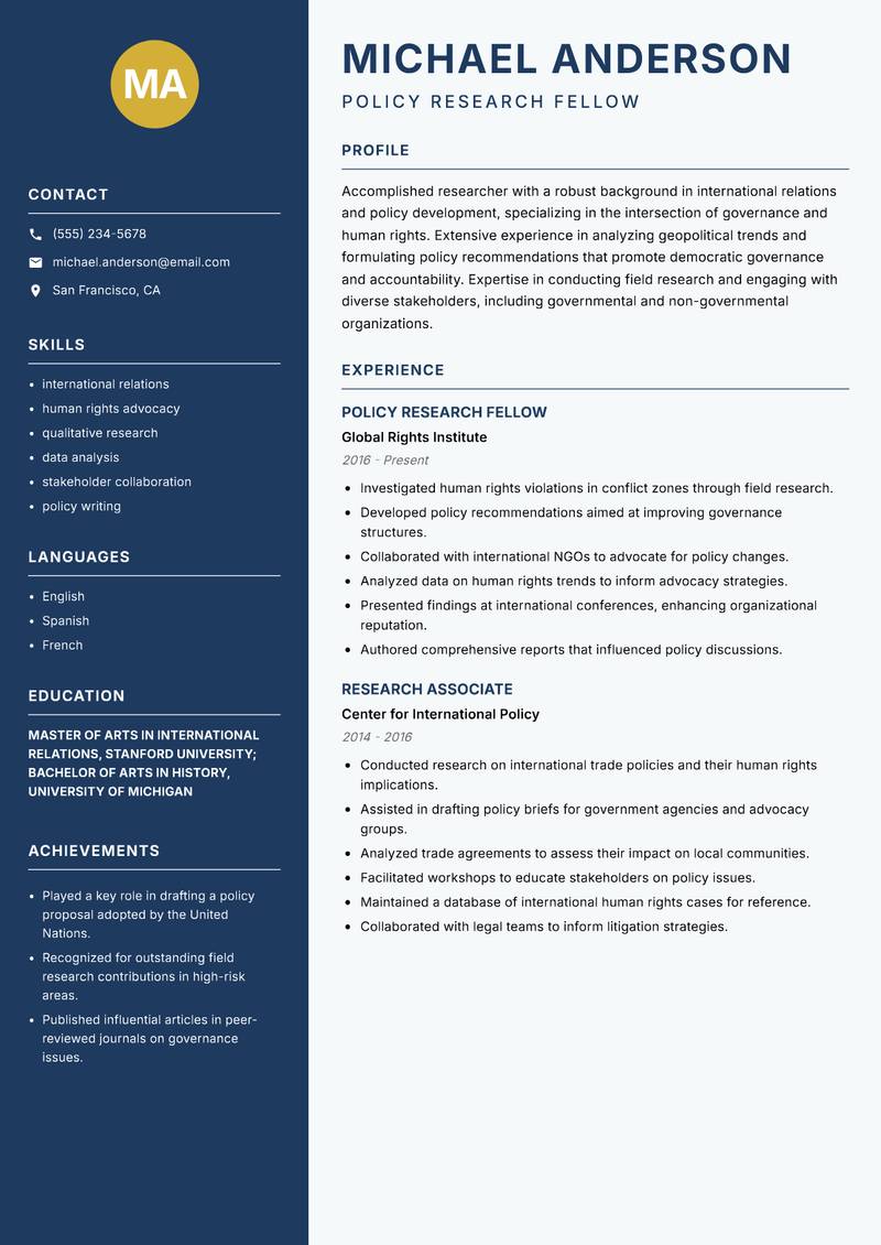 Policy Research Fellow resume sample — Policy Research Fellow focus