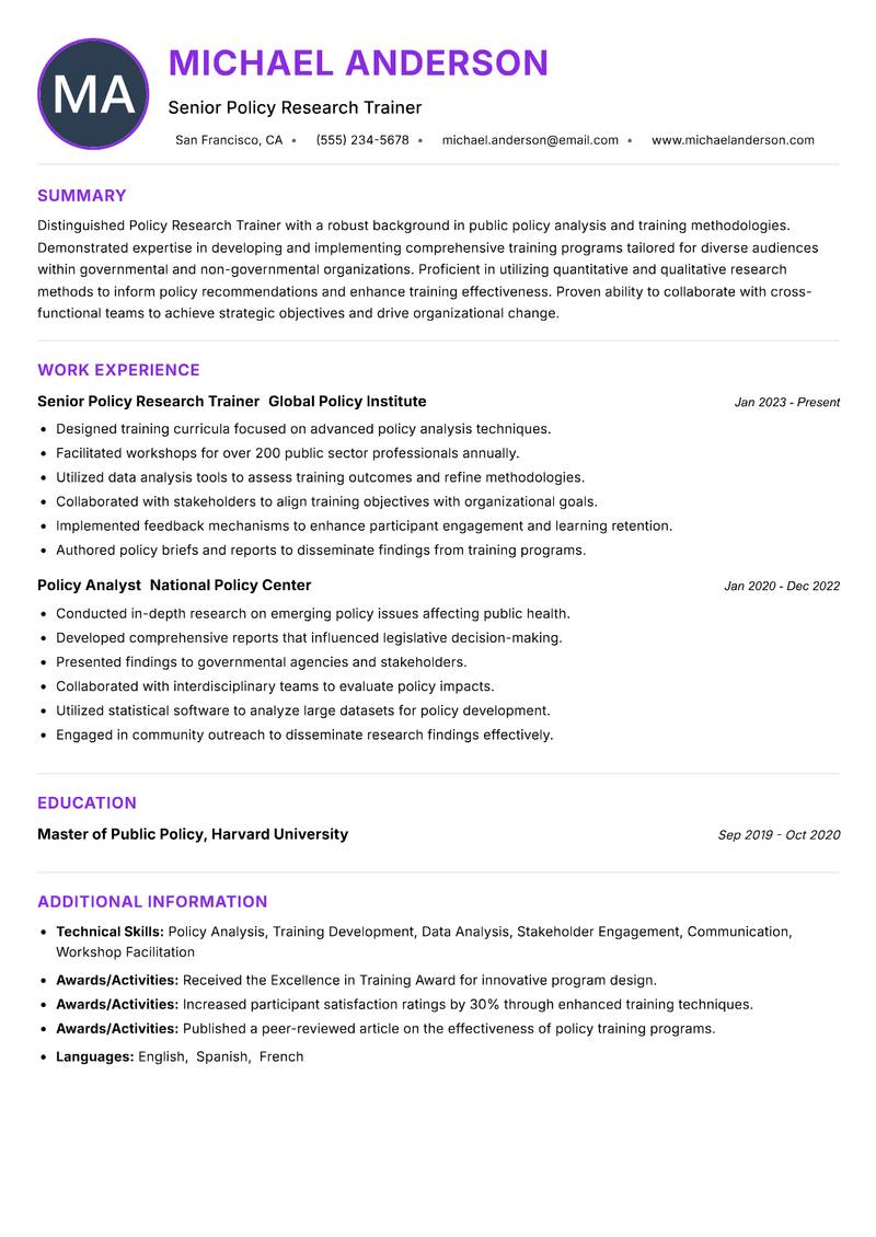 Policy Research Trainer resume example