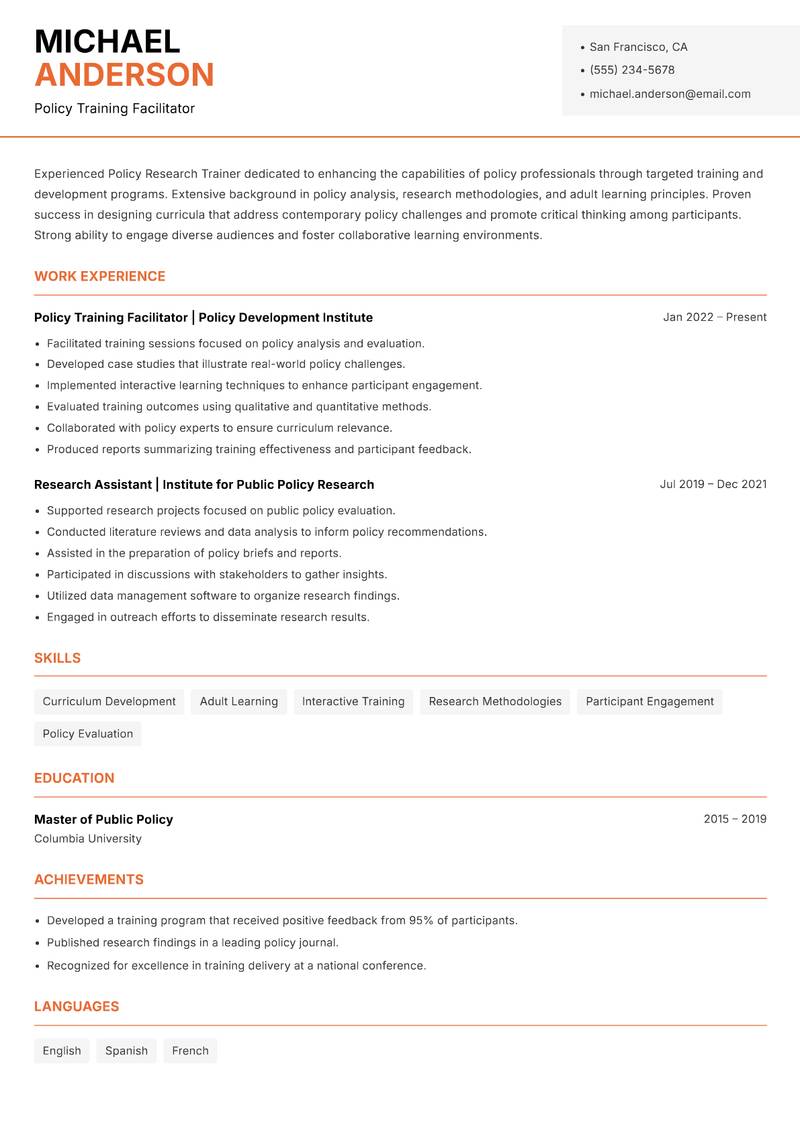 Policy Research Trainer resume sample — Policy Training Facilitator focus