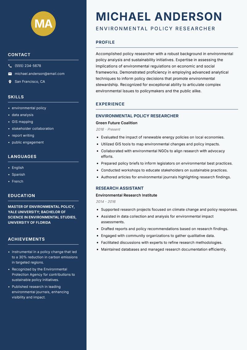 Policy Researcher resume sample — Environmental Policy Researcher focus
