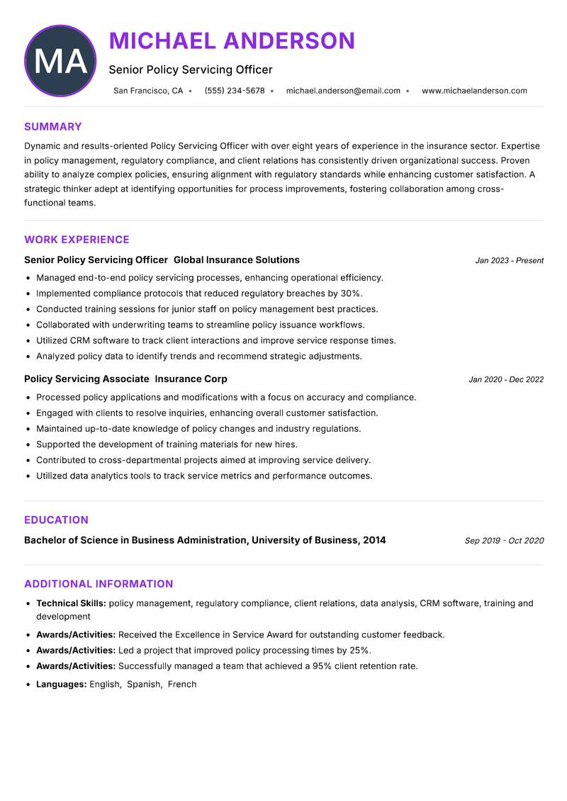 Policy Servicing Officer resume example