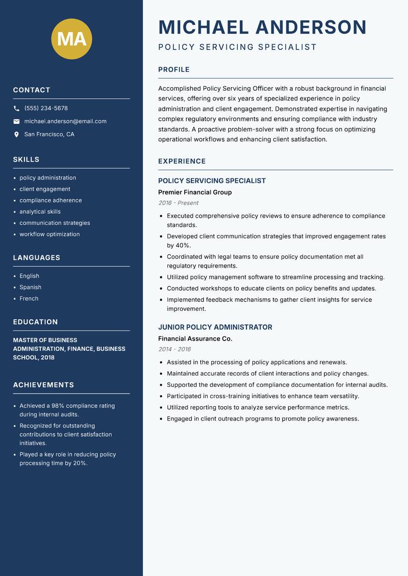 Policy Servicing Officer resume sample — Policy Servicing Specialist focus