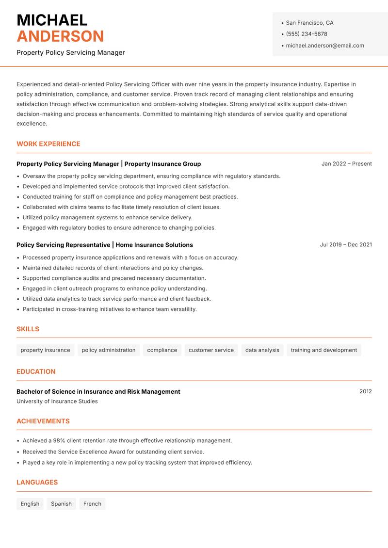 Policy Servicing Officer resume sample — Property Policy Servicing Manager focus