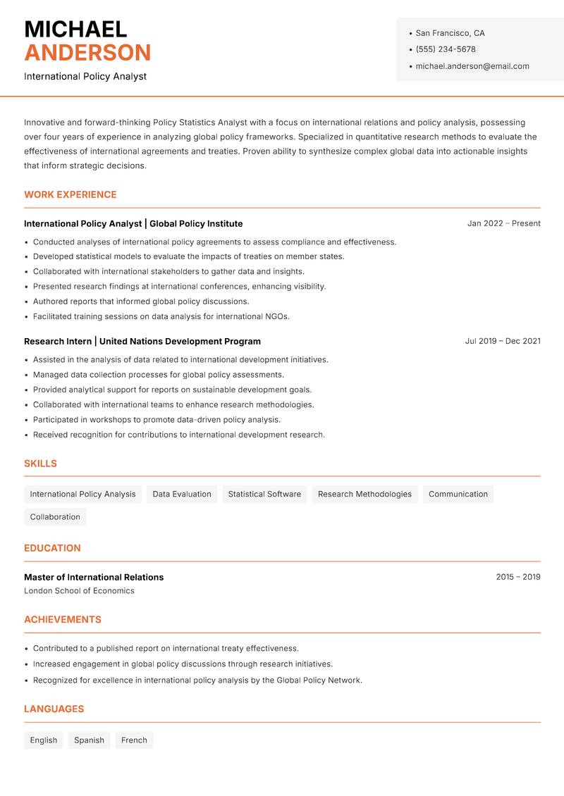Policy Statistics Analyst resume sample — International Policy Analyst focus
