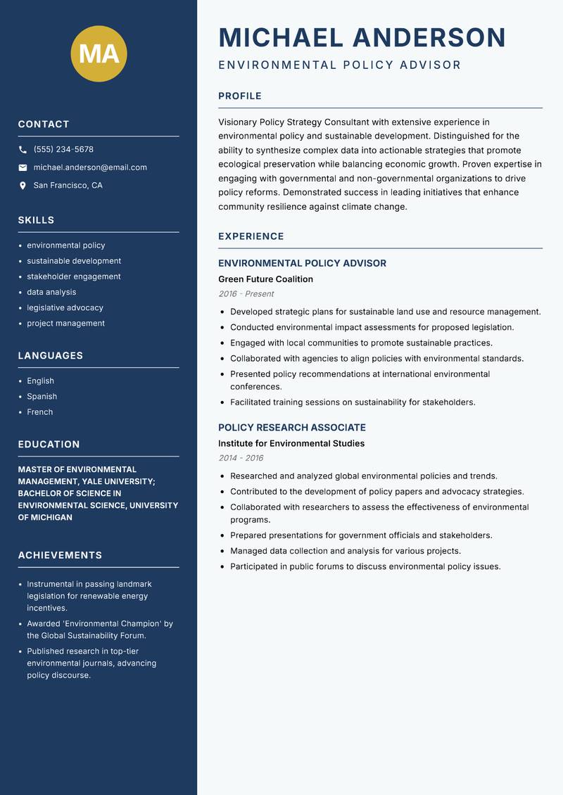 Policy Strategy Consultant resume sample — Environmental Policy Advisor focus