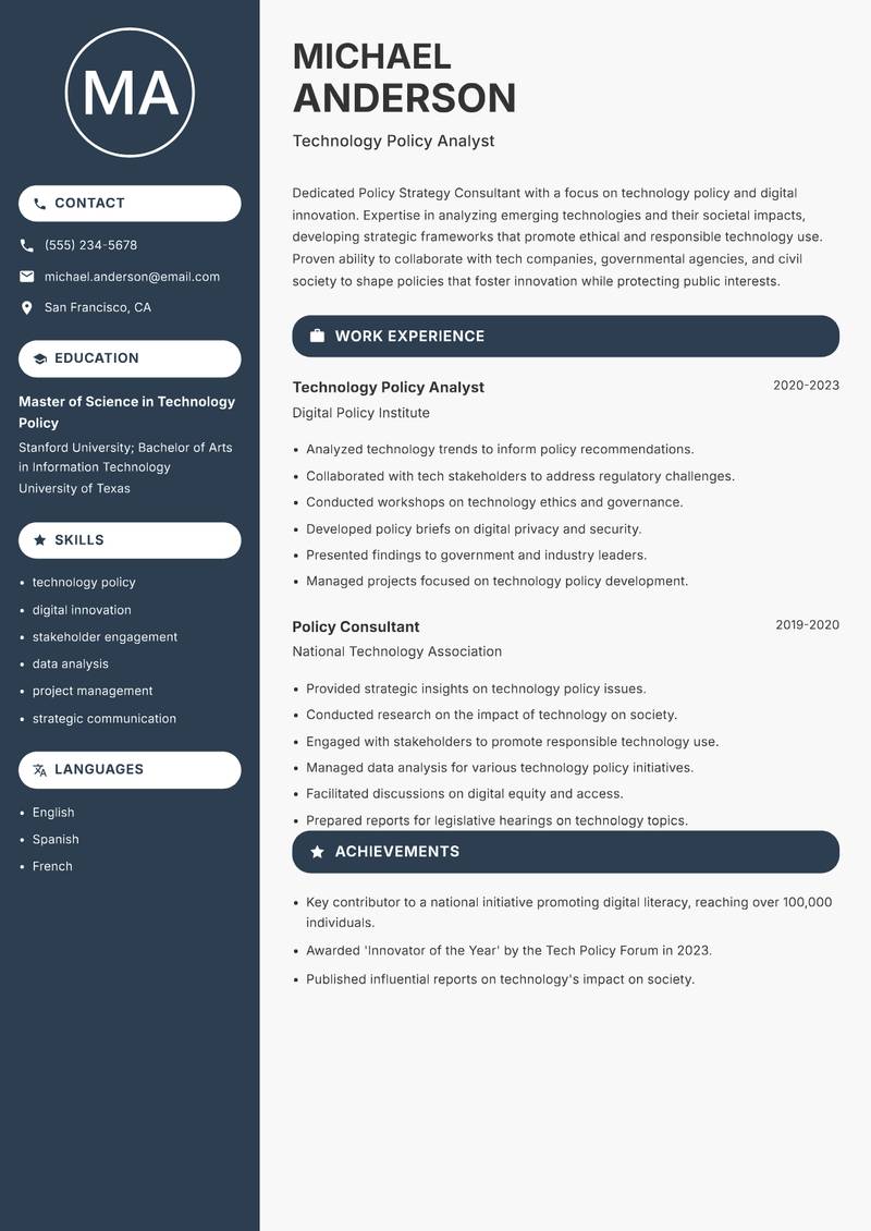 Policy Strategy Consultant resume sample — Technology Policy Analyst focus