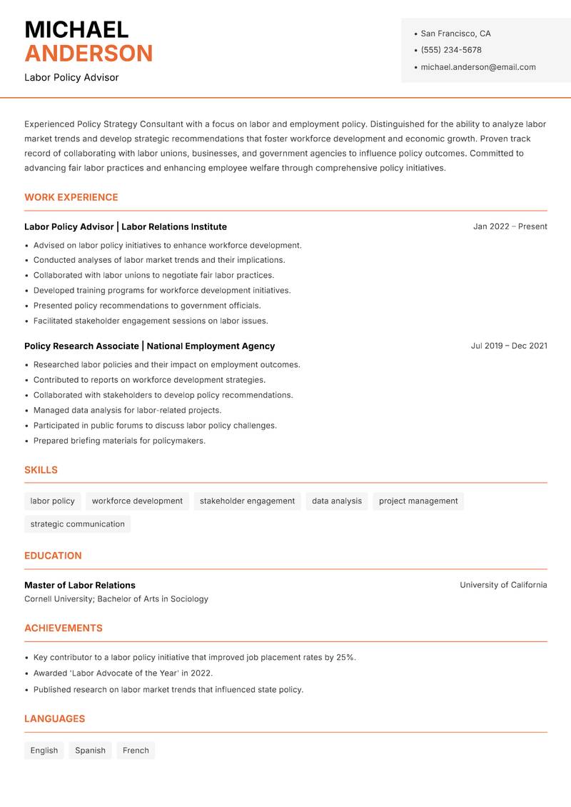 Policy Strategy Consultant resume sample — Labor Policy Advisor focus