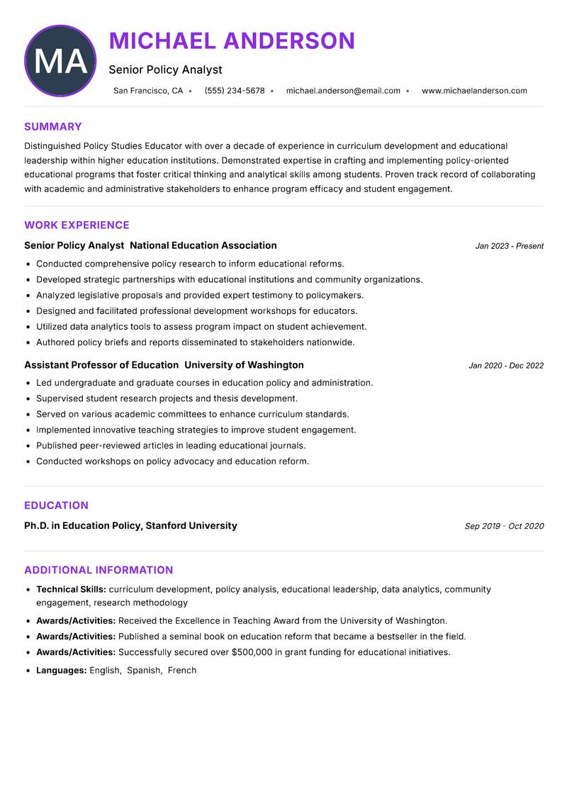 Policy Studies Educator resume example