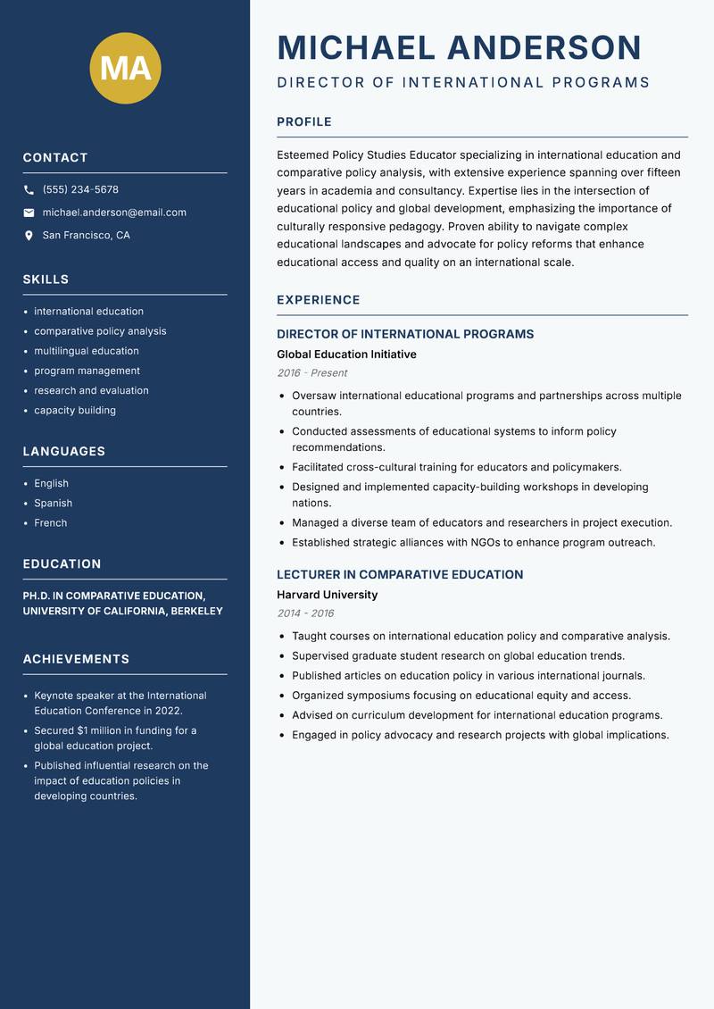 Policy Studies Educator resume sample — Director of International Programs focus