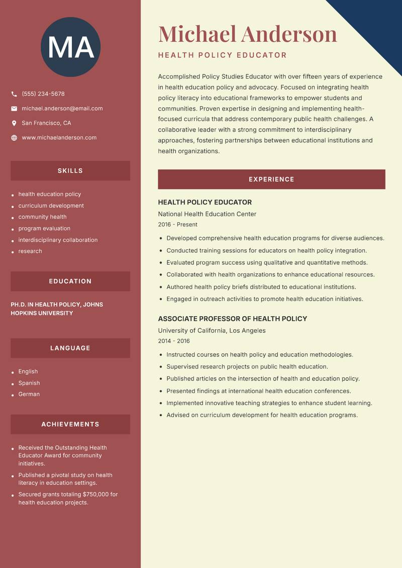 Policy Studies Educator resume sample — Health Policy Educator focus