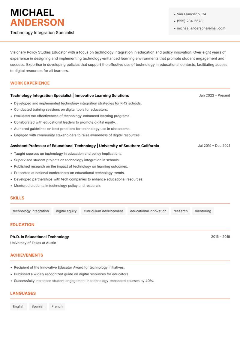 Policy Studies Educator resume sample — Technology Integration Specialist focus