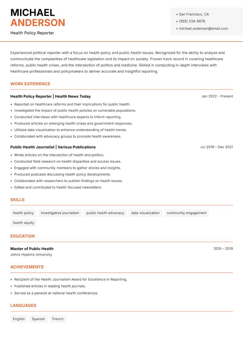 Political Reporter resume sample — Health Policy Reporter focus